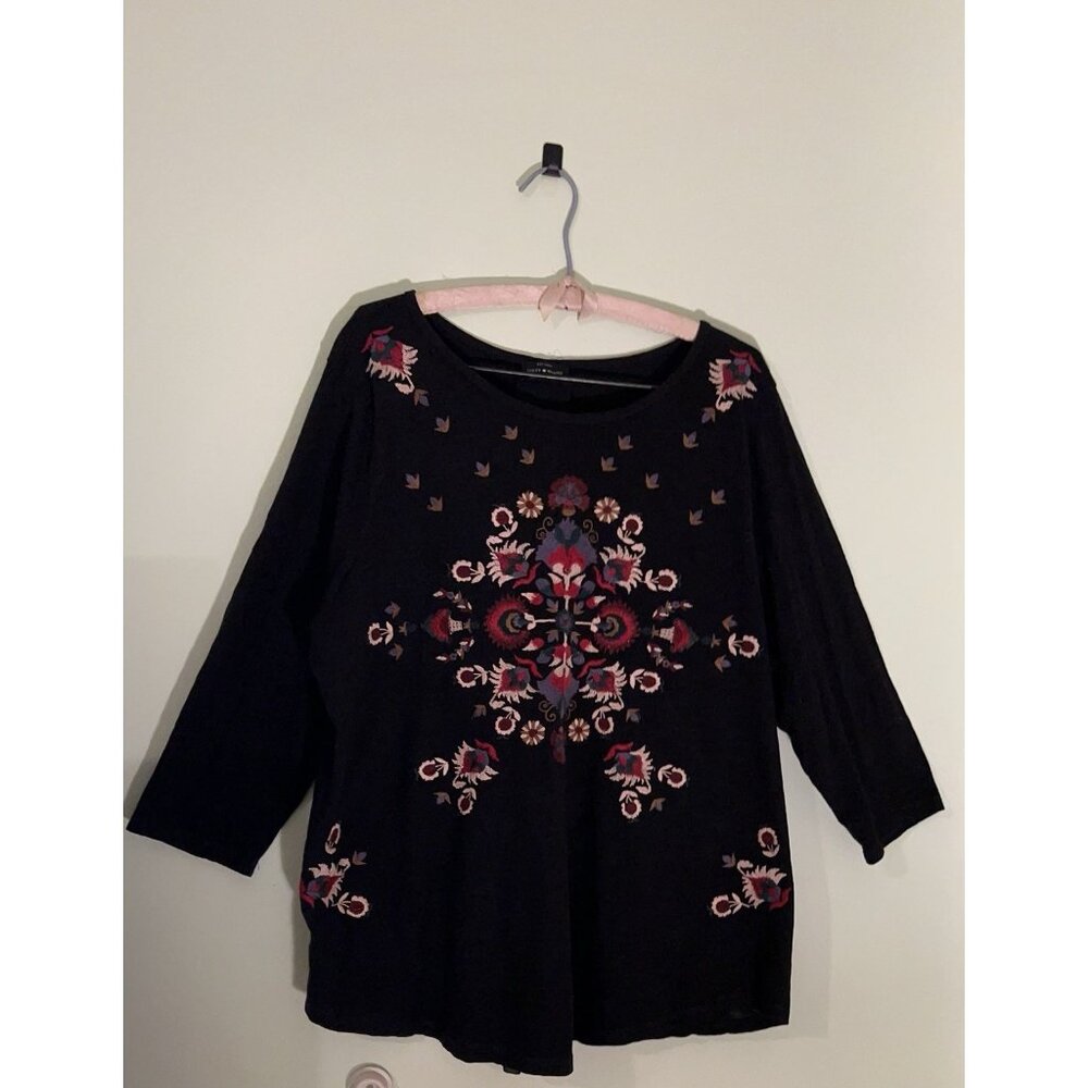 Lucky Brand Boho Embroidered Top Black Floral Peasant Sz M 3/4 Sleeve Bohemian